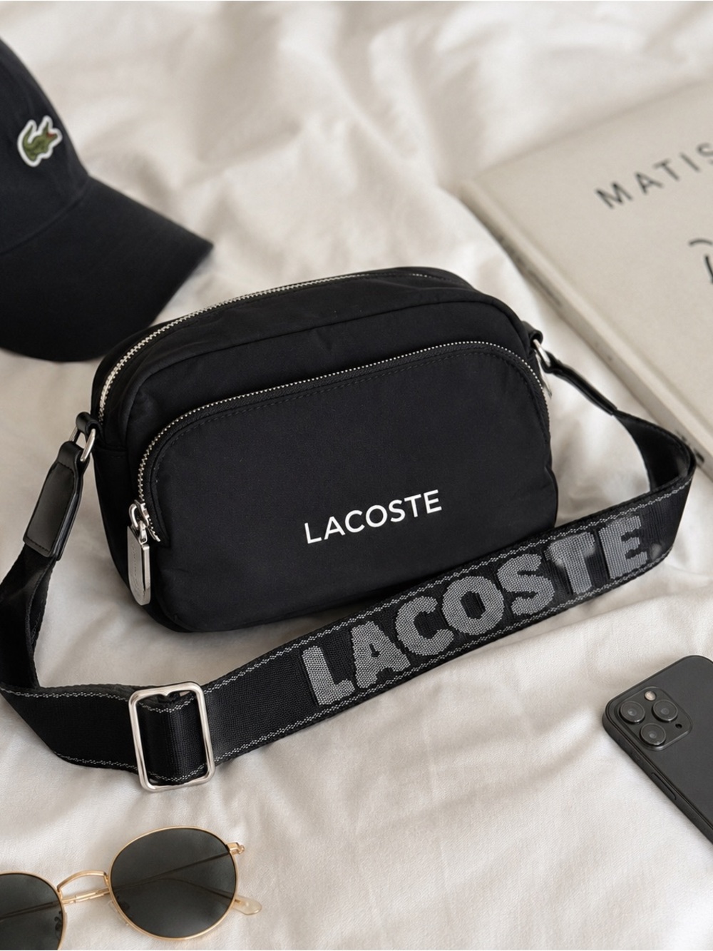 Lacoste Unisex ,Black Zip Crossbody Bag, Adjustable Strap, Small